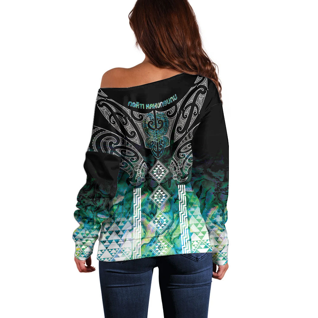 Aotearoa Maori Iwi Heritage Off Shoulder Sweater Ngati Kahungunu Paua Shell Turquoise
