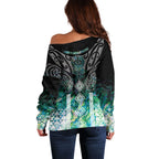 Aotearoa Maori Iwi Heritage Off Shoulder Sweater Ngati Kahungunu Paua Shell Turquoise