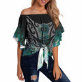 Aotearoa Maori Iwi Heritage Off Shoulder Wrap Waist Top Ngati Kahungunu Paua Shell Turquoise