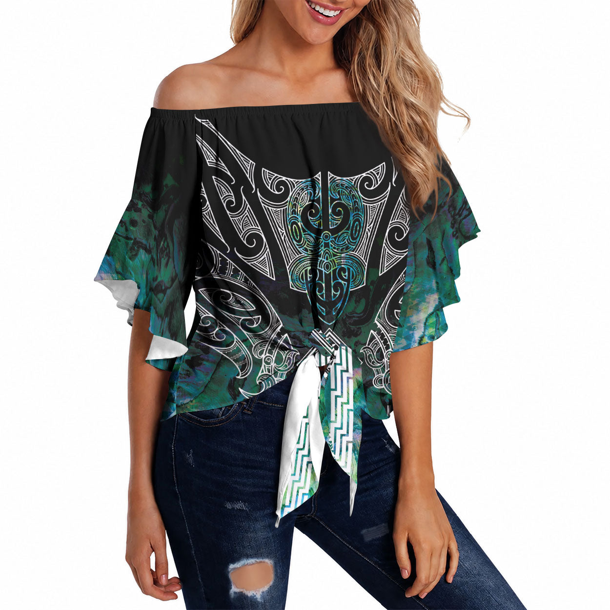 Aotearoa Maori Iwi Heritage Off Shoulder Wrap Waist Top Ngati Kahungunu Paua Shell Turquoise