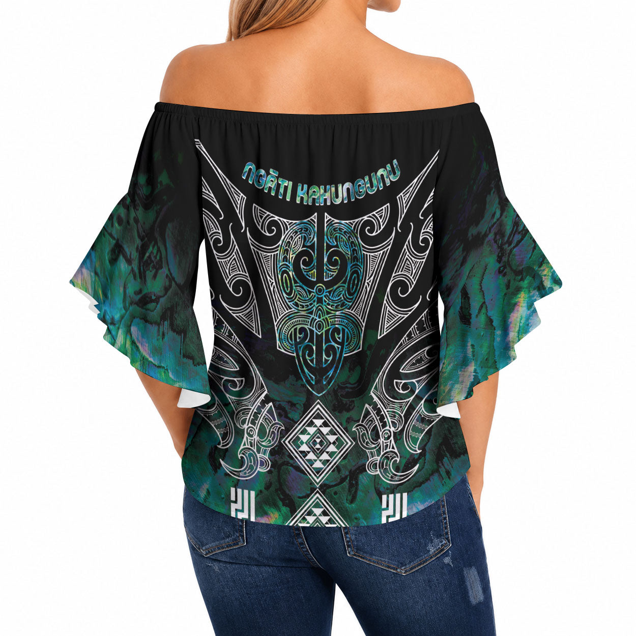 Aotearoa Maori Iwi Heritage Off Shoulder Wrap Waist Top Ngati Kahungunu Paua Shell Turquoise