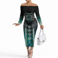 Aotearoa Maori Iwi Heritage Off The Shoulder Long Sleeve Dress Ngati Kahungunu Paua Shell Turquoise