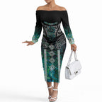 Aotearoa Maori Iwi Heritage Off The Shoulder Long Sleeve Dress Ngati Kahungunu Paua Shell Turquoise
