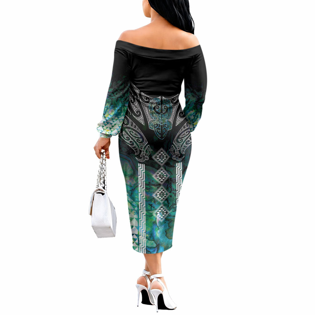 Aotearoa Maori Iwi Heritage Off The Shoulder Long Sleeve Dress Ngati Kahungunu Paua Shell Turquoise