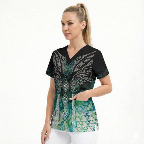Aotearoa Maori Iwi Heritage Scrub Top Ngati Kahungunu Paua Shell Turquoise