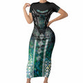 Aotearoa Maori Iwi Heritage Short Sleeve Bodycon Dress Ngati Kahungunu Paua Shell Turquoise