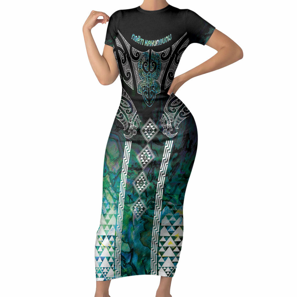 Aotearoa Maori Iwi Heritage Short Sleeve Bodycon Dress Ngati Kahungunu Paua Shell Turquoise