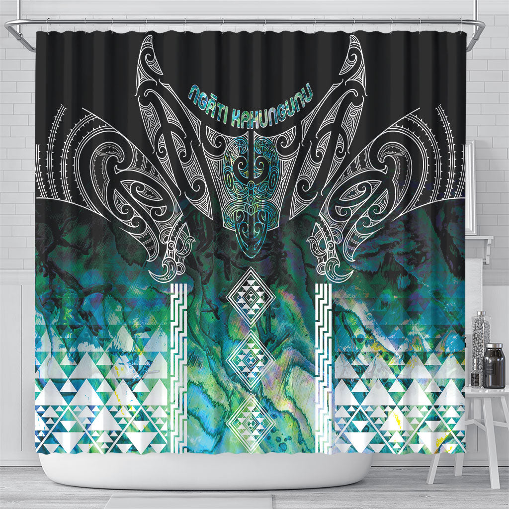Aotearoa Maori Iwi Heritage Shower Curtain Ngati Kahungunu Paua Shell Turquoise