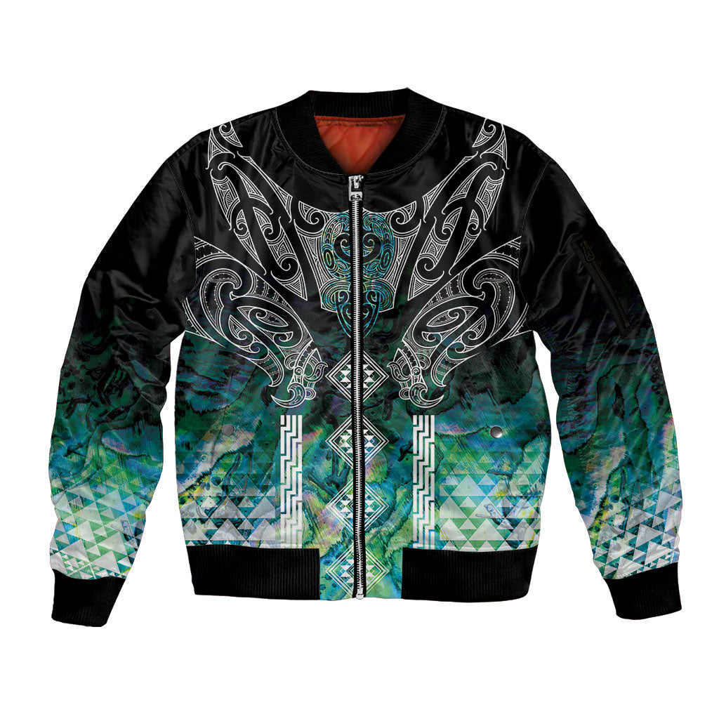 Aotearoa Maori Iwi Heritage Sleeve Zip Bomber Jacket Ngati Kahungunu Paua Shell Turquoise