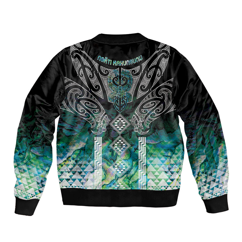 Aotearoa Maori Iwi Heritage Sleeve Zip Bomber Jacket Ngati Kahungunu Paua Shell Turquoise