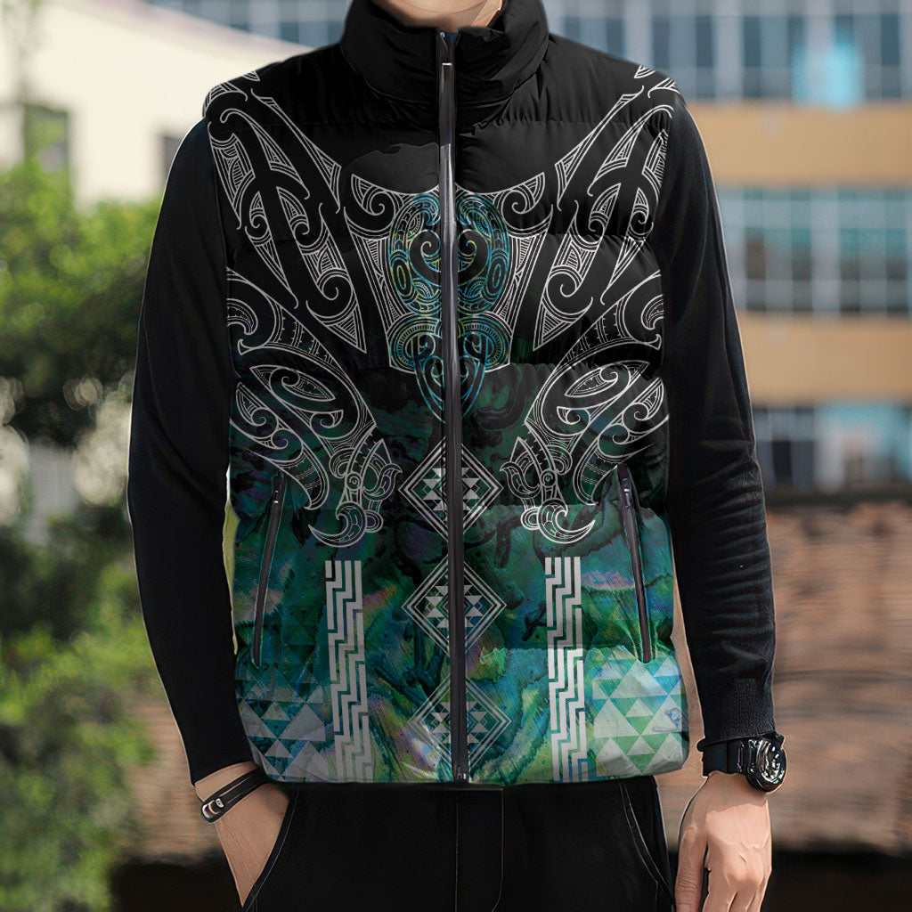 Aotearoa Maori Iwi Heritage Sleeveless Puffer Jacket Ngati Kahungunu Paua Shell Turquoise