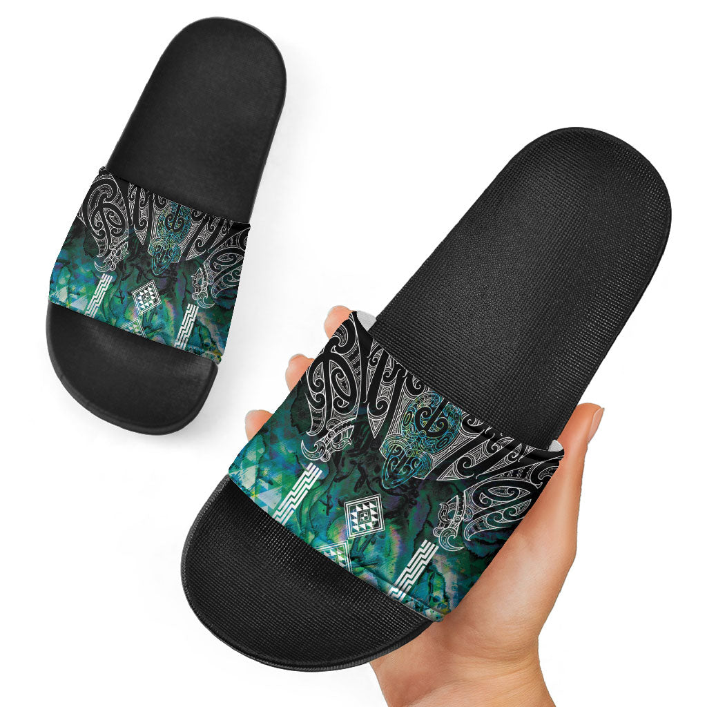 Aotearoa Maori Iwi Heritage Slide Sandals Ngati Kahungunu Paua Shell Turquoise