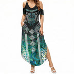 Aotearoa Maori Iwi Heritage Summer Maxi Dress Ngati Kahungunu Paua Shell Turquoise