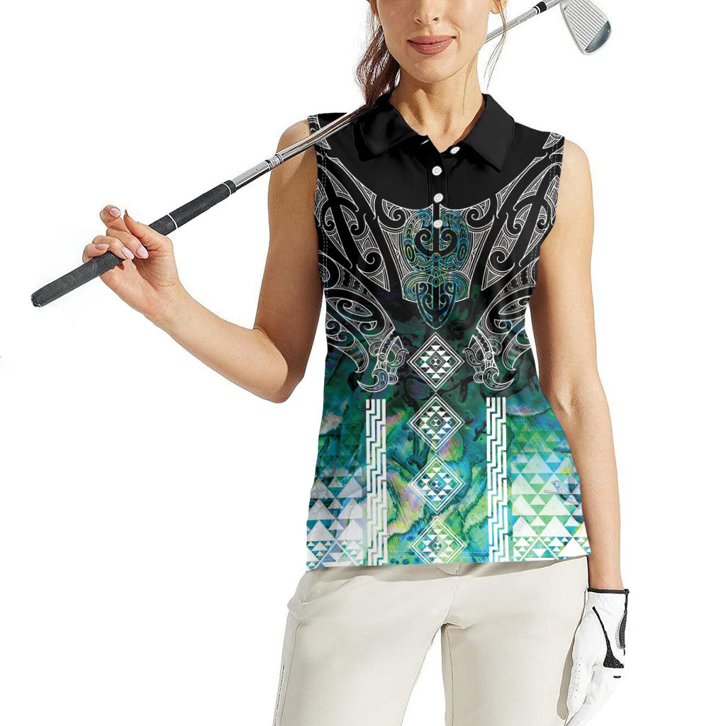 Aotearoa Maori Iwi Heritage Women Sleeveless Polo Shirt Ngati Kahungunu Paua Shell Turquoise