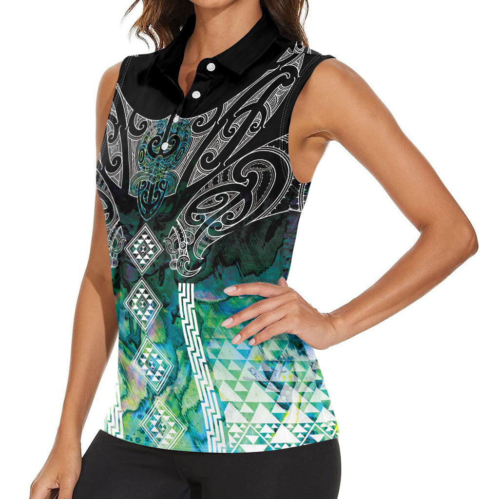 Aotearoa Maori Iwi Heritage Women Sleeveless Polo Shirt Ngati Kahungunu Paua Shell Turquoise