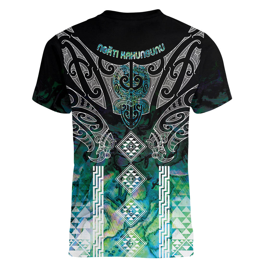 Aotearoa Maori Iwi Heritage Women V-Neck T-Shirt Ngati Kahungunu Paua Shell Turquoise