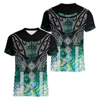 Aotearoa Maori Iwi Heritage Women V-Neck T-Shirt Ngati Kahungunu Paua Shell Turquoise