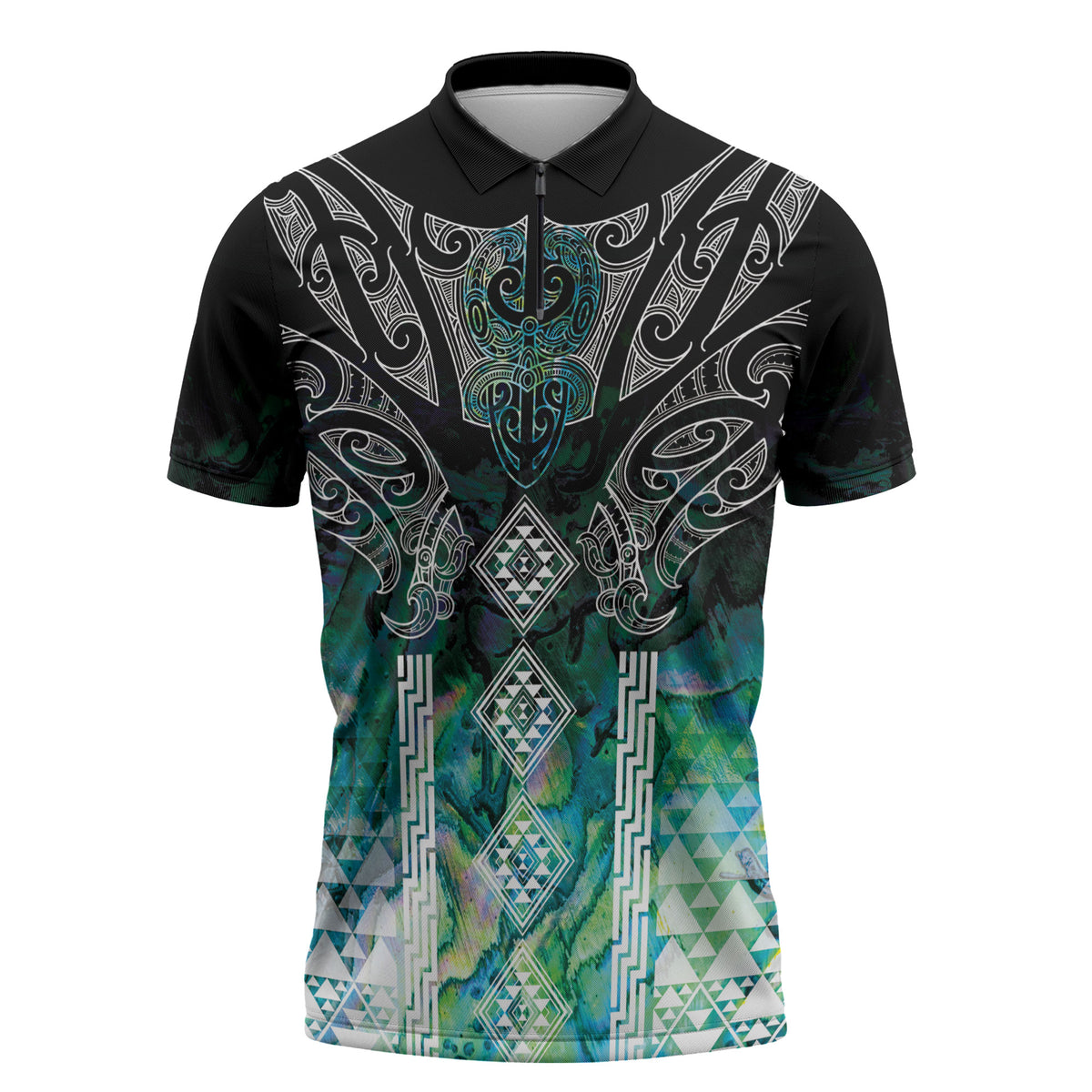 Aotearoa Maori Iwi Heritage Zipper Polo Shirt Ngati Kahungunu Paua Shell Turquoise