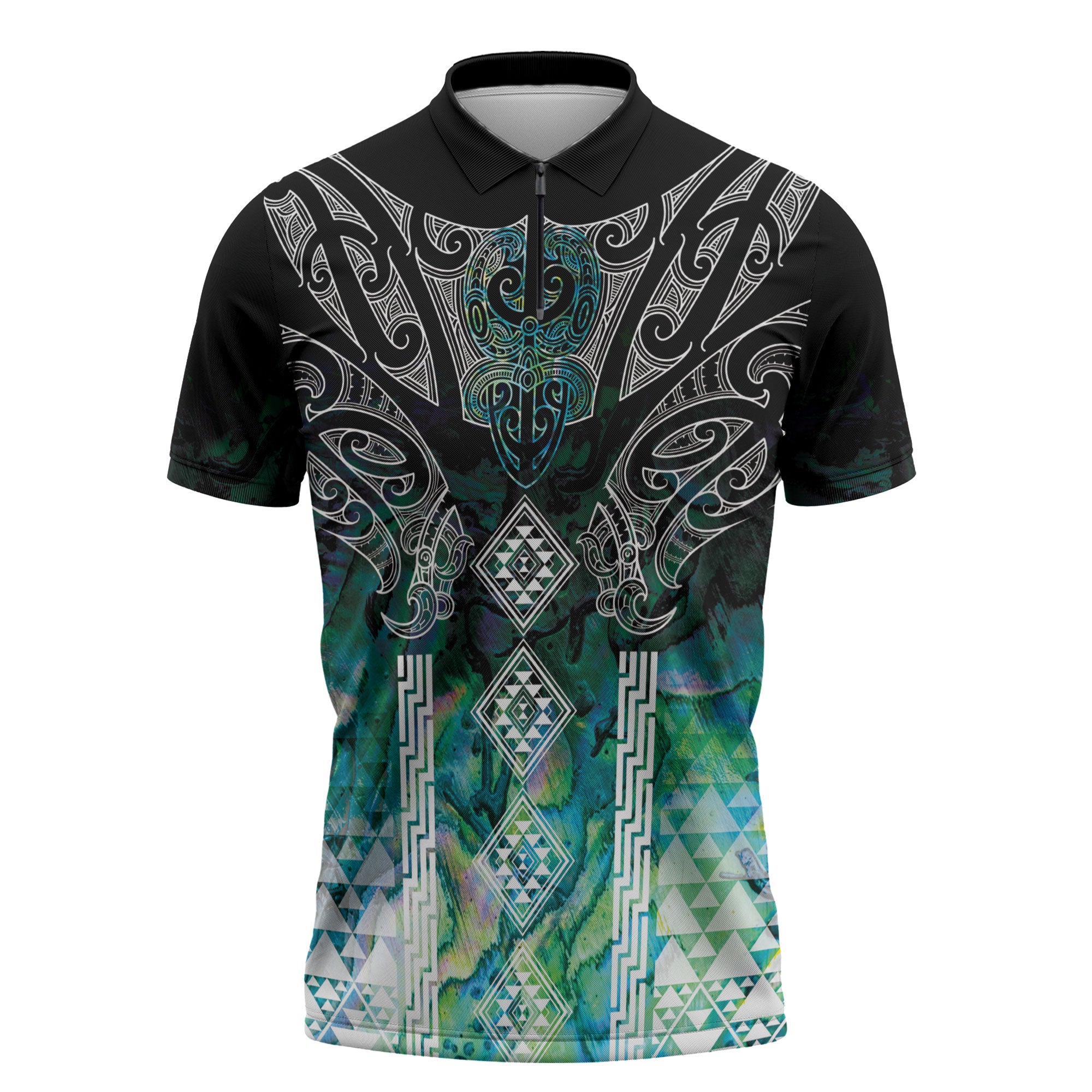 Aotearoa Maori Iwi Heritage Zipper Polo Shirt Ngati Kahungunu Paua Shell Turquoise