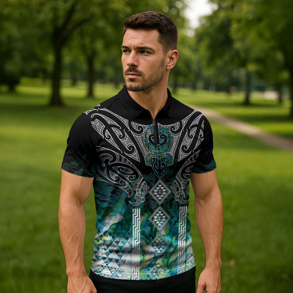 Aotearoa Maori Iwi Heritage Zipper Polo Shirt Ngati Kahungunu Paua Shell Turquoise