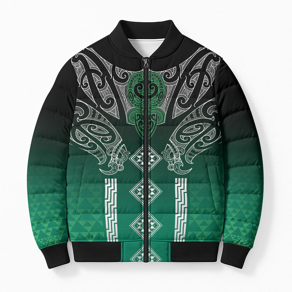 Aotearoa Maori Iwi Heritage Bomber Puffer Jacket Ngai Tahu Pounamu Green