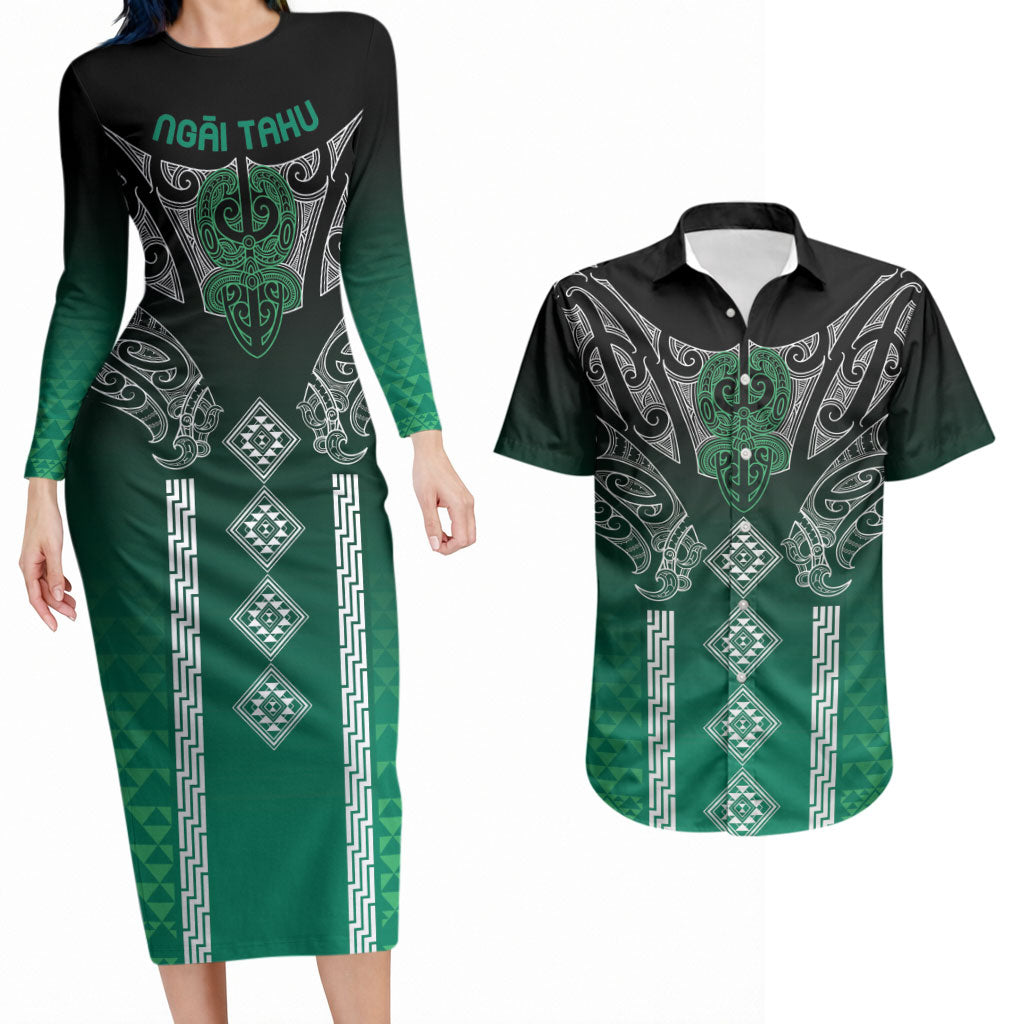 Aotearoa Maori Iwi Heritage Couples Matching Long Sleeve Bodycon Dress and Hawaiian Shirt Ngai Tahu Pounamu Green