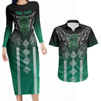 Aotearoa Maori Iwi Heritage Couples Matching Long Sleeve Bodycon Dress and Hawaiian Shirt Ngai Tahu Pounamu Green