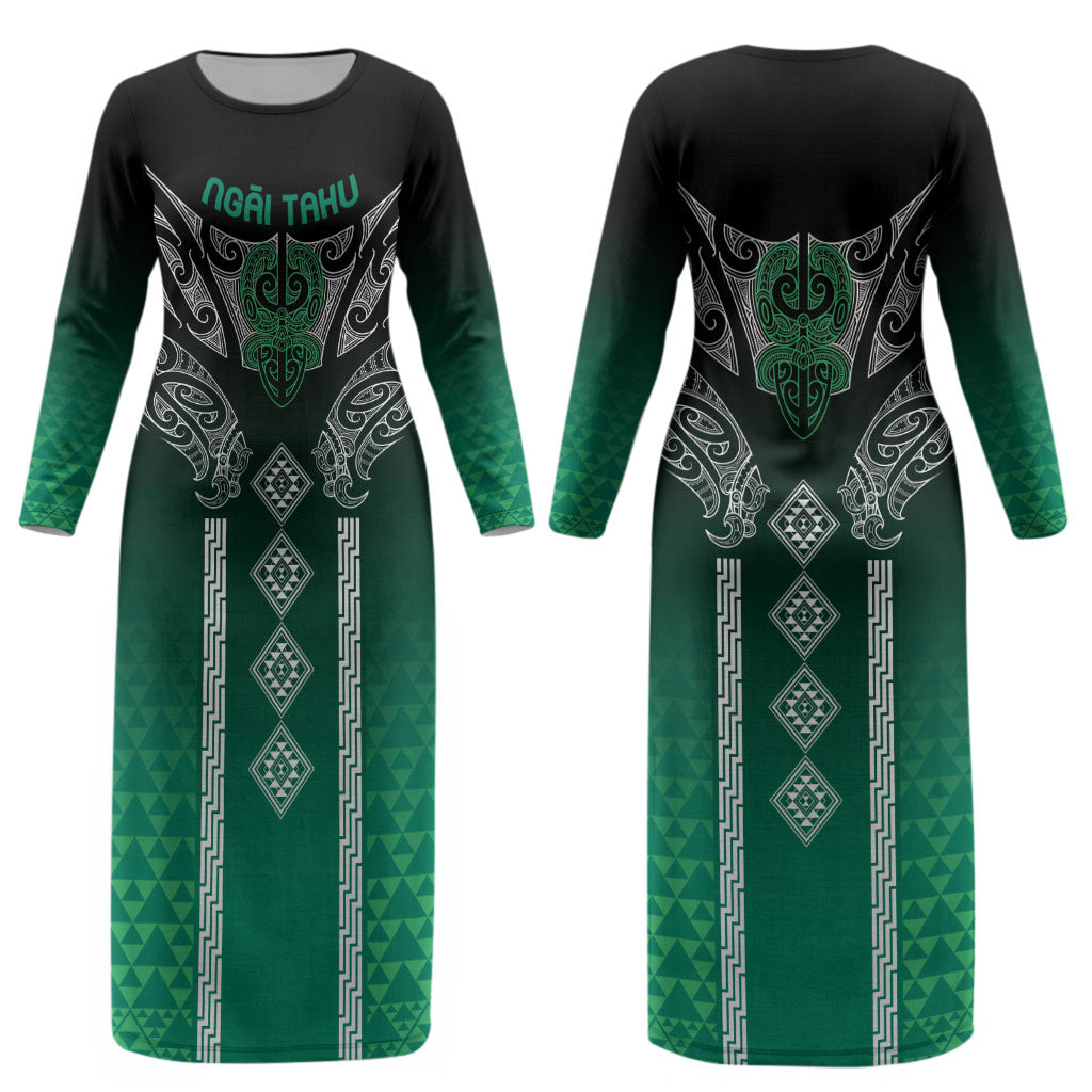 Aotearoa Maori Iwi Heritage Couples Matching Long Sleeve Bodycon Dress and Hawaiian Shirt Ngai Tahu Pounamu Green