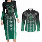 Aotearoa Maori Iwi Heritage Couples Matching Long Sleeve Bodycon Dress and Long Sleeve Button Shirt Ngai Tahu Pounamu Green