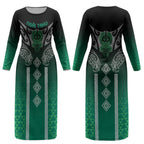 Aotearoa Maori Iwi Heritage Couples Matching Long Sleeve Bodycon Dress and Long Sleeve Button Shirt Ngai Tahu Pounamu Green