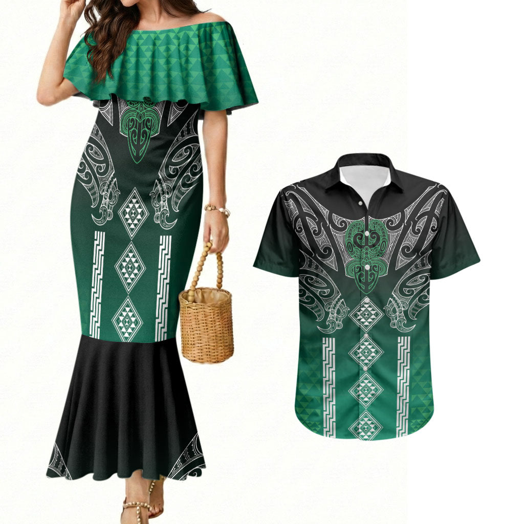 Aotearoa Maori Iwi Heritage Couples Matching Mermaid Dress and Hawaiian Shirt Ngai Tahu Pounamu Green