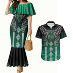 Aotearoa Maori Iwi Heritage Couples Matching Mermaid Dress and Hawaiian Shirt Ngai Tahu Pounamu Green