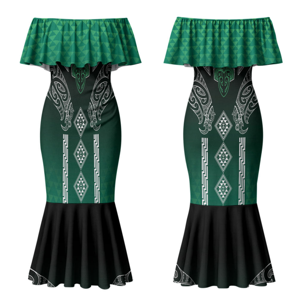Aotearoa Maori Iwi Heritage Couples Matching Mermaid Dress and Hawaiian Shirt Ngai Tahu Pounamu Green