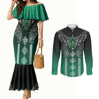 Aotearoa Maori Iwi Heritage Couples Matching Mermaid Dress and Long Sleeve Button Shirt Ngai Tahu Pounamu Green