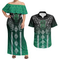 Aotearoa Maori Iwi Heritage Couples Matching Off Shoulder Maxi Dress and Hawaiian Shirt Ngai Tahu Pounamu Green