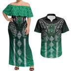 Aotearoa Maori Iwi Heritage Couples Matching Off Shoulder Maxi Dress and Hawaiian Shirt Ngai Tahu Pounamu Green