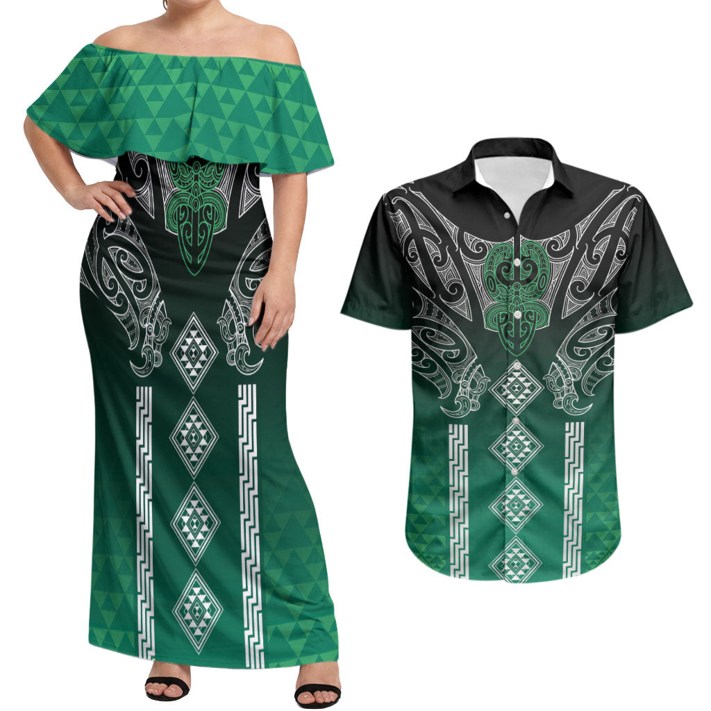 Aotearoa Maori Iwi Heritage Couples Matching Off Shoulder Maxi Dress and Hawaiian Shirt Ngai Tahu Pounamu Green