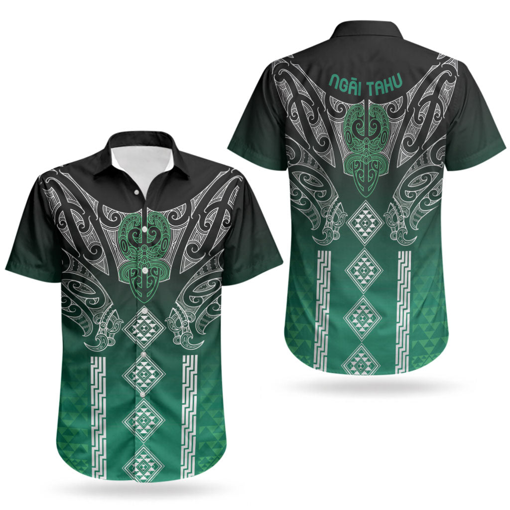Aotearoa Maori Iwi Heritage Couples Matching Off Shoulder Maxi Dress and Hawaiian Shirt Ngai Tahu Pounamu Green