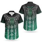 Aotearoa Maori Iwi Heritage Couples Matching Off Shoulder Maxi Dress and Hawaiian Shirt Ngai Tahu Pounamu Green