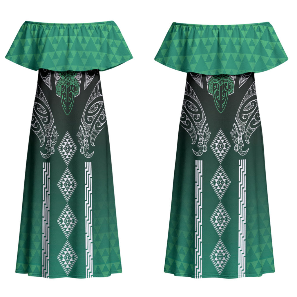 Aotearoa Maori Iwi Heritage Couples Matching Off Shoulder Maxi Dress and Hawaiian Shirt Ngai Tahu Pounamu Green