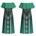 Aotearoa Maori Iwi Heritage Couples Matching Off Shoulder Maxi Dress and Hawaiian Shirt Ngai Tahu Pounamu Green