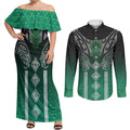 Aotearoa Maori Iwi Heritage Couples Matching Off Shoulder Maxi Dress and Long Sleeve Button Shirt Ngai Tahu Pounamu Green