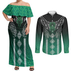 Aotearoa Maori Iwi Heritage Couples Matching Off Shoulder Maxi Dress and Long Sleeve Button Shirt Ngai Tahu Pounamu Green