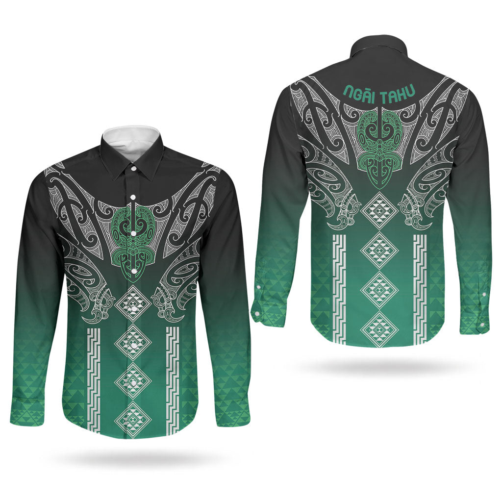 Aotearoa Maori Iwi Heritage Couples Matching Off Shoulder Maxi Dress and Long Sleeve Button Shirt Ngai Tahu Pounamu Green