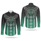Aotearoa Maori Iwi Heritage Couples Matching Off Shoulder Maxi Dress and Long Sleeve Button Shirt Ngai Tahu Pounamu Green