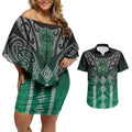 Aotearoa Maori Iwi Heritage Couples Matching Off Shoulder Short Dress and Hawaiian Shirt Ngai Tahu Pounamu Green