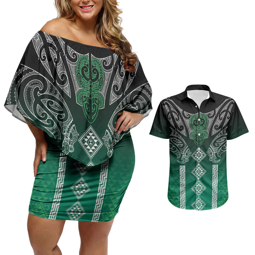 Aotearoa Maori Iwi Heritage Couples Matching Off Shoulder Short Dress and Hawaiian Shirt Ngai Tahu Pounamu Green