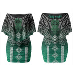 Aotearoa Maori Iwi Heritage Couples Matching Off Shoulder Short Dress and Hawaiian Shirt Ngai Tahu Pounamu Green