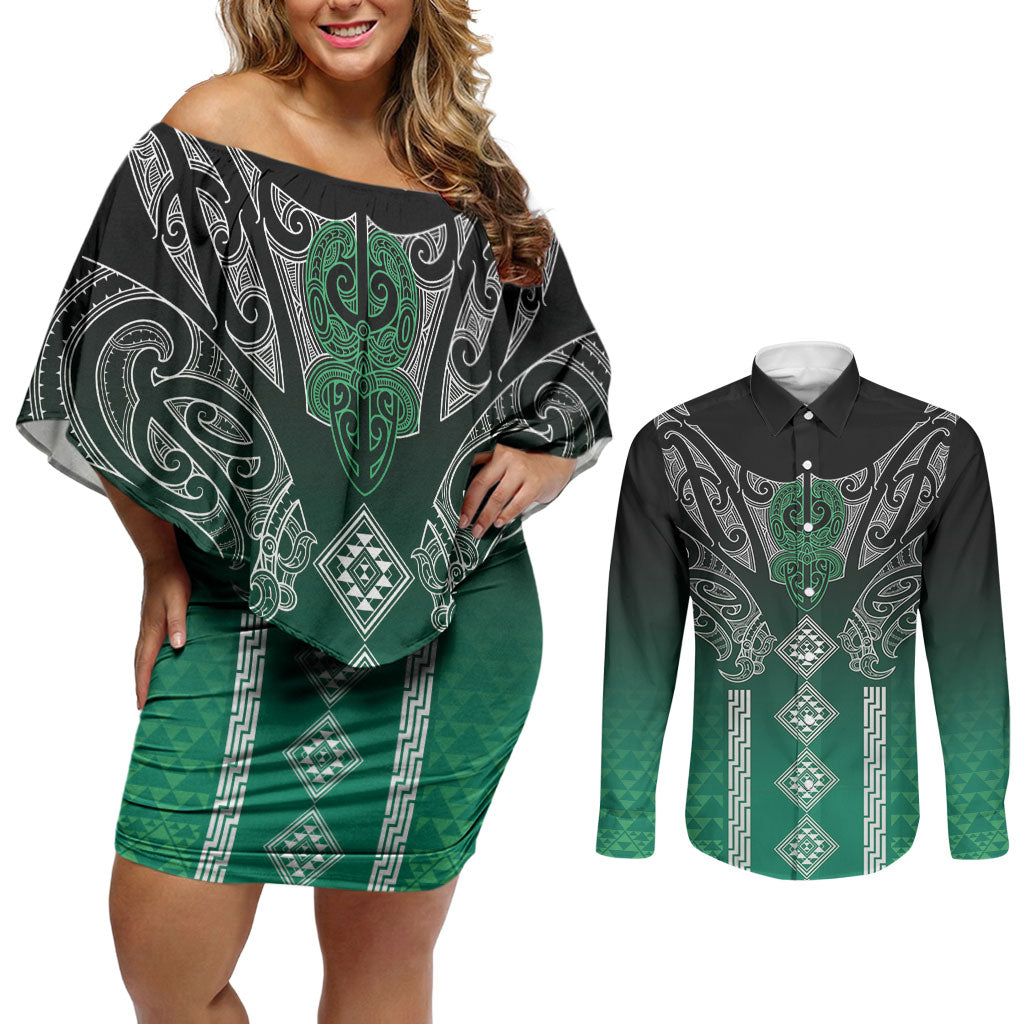 Aotearoa Maori Iwi Heritage Couples Matching Off Shoulder Short Dress and Long Sleeve Button Shirt Ngai Tahu Pounamu Green