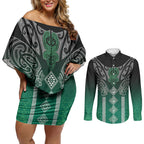 Aotearoa Maori Iwi Heritage Couples Matching Off Shoulder Short Dress and Long Sleeve Button Shirt Ngai Tahu Pounamu Green